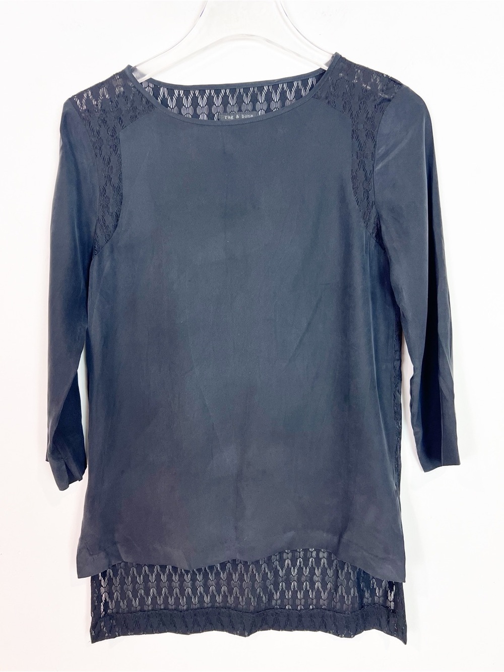RAG & BONE BLACK SILK 3/4 SLEEVE BLOUSE LACE DETAIL SHOULDERS AND BACK WOMENS XS